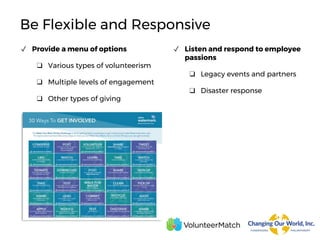 Be Flexible and Responsive
✓ Provide a menu of options
❑ Various types of volunteerism
❑ Multiple levels of engagement
❑ Other types of giving
✓ Listen and respond to employee
passions
❑ Legacy events and partners
❑ Disaster response
 