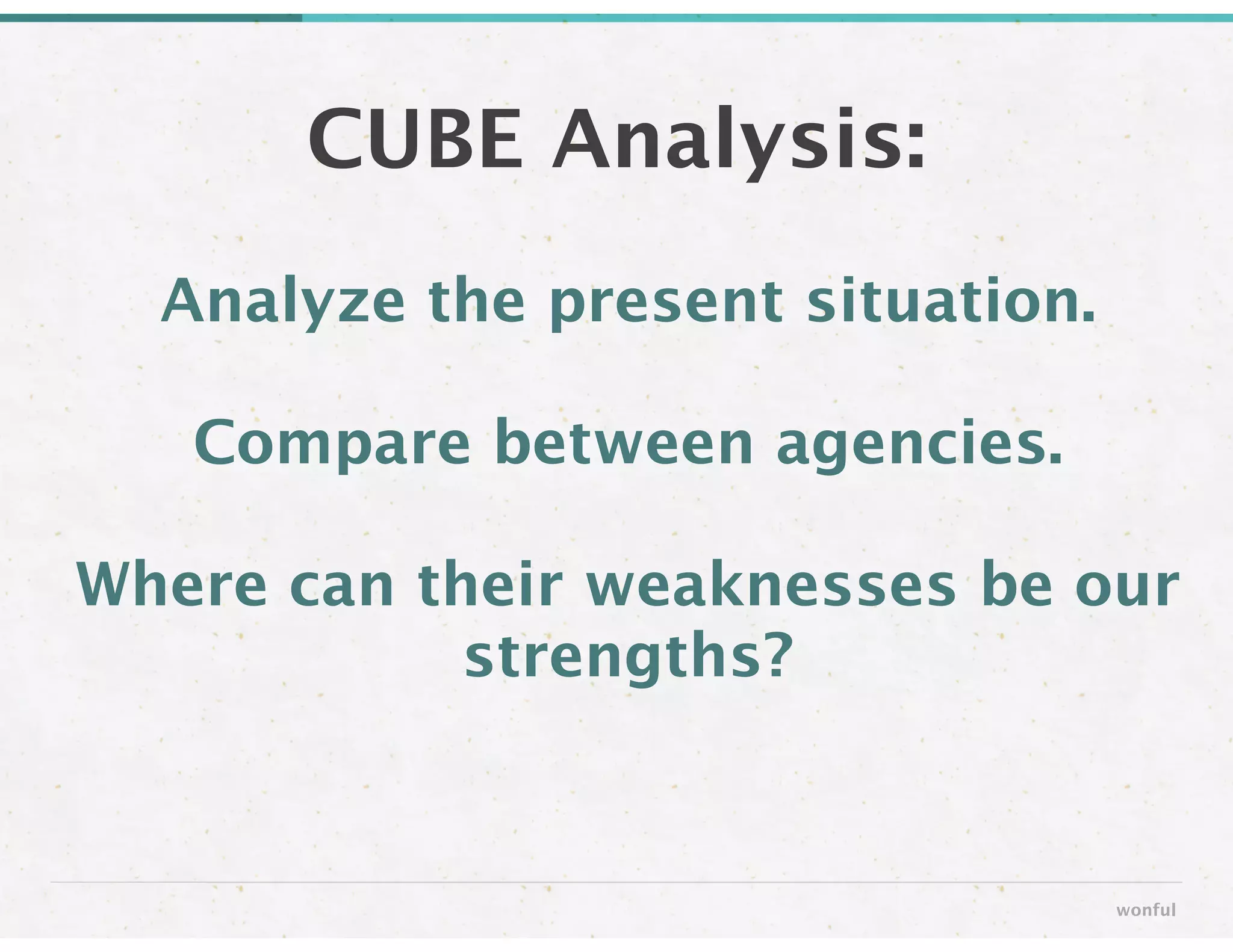 CUBE Analysis:
wonful
Analyze the present situation.
!
Compare between agencies.
 
Where can their weaknesses be our
strengths?
 