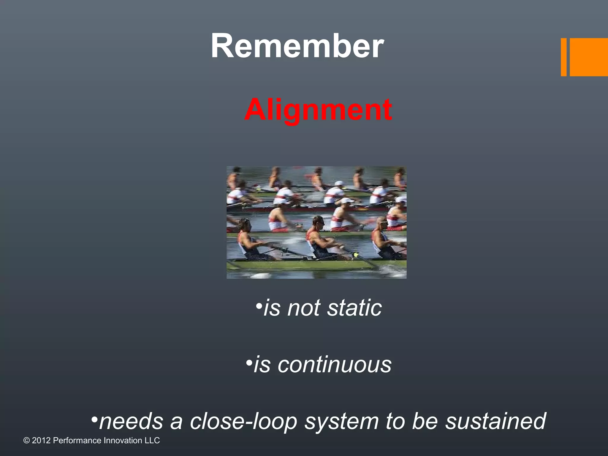 Remember 
Alignment 
•is not static 
•is continuous 
•needs a close-loop system to be sustained 
© 2012 Performance Innovation LLC 
 