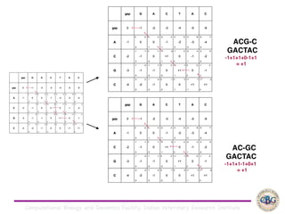 Computational Biology and Genomics Facility, Indian Veterinary Research Institute
ACG-C
GACTAC
-1+1+1+0-1+1
= +1
AC-GC
GACTAC
-1+1+1-1+0+1
= +1
 