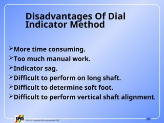 26
71535 B © Copyright SPM Instrument AB 1997
Disadvantages Of Dial
Indicator Method
More time consuming.
Too much manual work.
Indicator sag.
Difficult to perform on long shaft.
Difficult to determine soft foot.
Difficult to perform vertical shaft alignment.
 