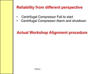 Hassan
Reliability from different perspective
• Centrifugal Compressor Fail to start
• Centrifugal Compressor Alarm and shutdown
Actual Workshop Alignment procedure
 