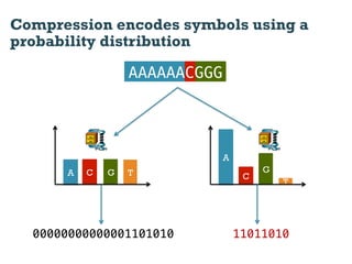 Compression encodes symbols using a
probability distribution

                  AAAAAACGGG




                               A
      A   C   G   T                     G
                                    C
                                            T




  00000000000001101010             11011010
 