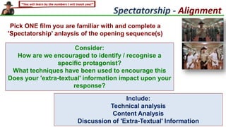 Spectatorship - Alignment
Pick ONE film you are familiar with and complete a
'Spectatorship' anlaysis of the opening seque...