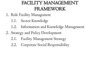 FACILITY MANAGEMENT
FRAMEWORK
1. Role Facility Management
1.1. Sector Knowledge
1.2. Information and Knowledge Management
2. Strategy and Policy Development
2.1. Facility Management Strategy
2.2. Corporate Social Responsibility
 