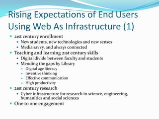 Rising Expectations of End Users Using Web As Infrastructure (1)21st century enrollment New students, new technologies and new senses Media savvy, and always connected Teaching and learning 21st century skills Digital divide between faculty and students Mending the gaps by Library Digital age literacy Inventive thinking Effective communication High productivity 21st century research Cyber infrastructure for research in science, engineering, humanities and social sciences One to one engagement 