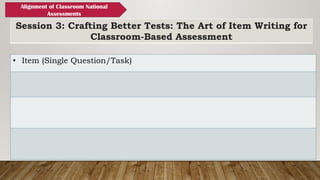 Session 3: Crafting Better Tests: The Art of Item Writing for
Classroom-Based Assessment
Alignment of Classroom National
Assessments
• Item (Single Question/Task)
 