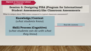 Session 6: Designing PISA (Program for International
Student Assessment)-like Classroom Assessments
Alignment of Classroom National
Assessments
What is unique about PISA items compared to typical classroom assessment?
Knowledge/Content
(what students know)
+
Skill/Process (Cognitive)
(what students can do with what
they know)
Real-life contexts
 