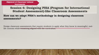 Session 6: Designing PISA (Program for International
Student Assessment)-like Classroom Assessments
Alignment of Classroom National
Assessments
How can we adapt PISA’s methodology in designing classroom
assessments?
Design classroom assessments that require students to apply what they know in meaningful, real-
life contexts while remaining aligned with the curriculum.
 