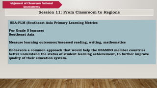 Session 11: From Classroom to Regions
Alignment of Classroom National
Assessments
SEA-PLM (Southeast Asia Primary Learning Metrics
For Grade 5 learners
Southeast Asia
Measure learning outcomes/Assessed reading, writing, mathematics
Endeavors a common approach that would help the SEAMEO member countries
better understand the status of student learning achievement, to further improve
quality of their education system.
 