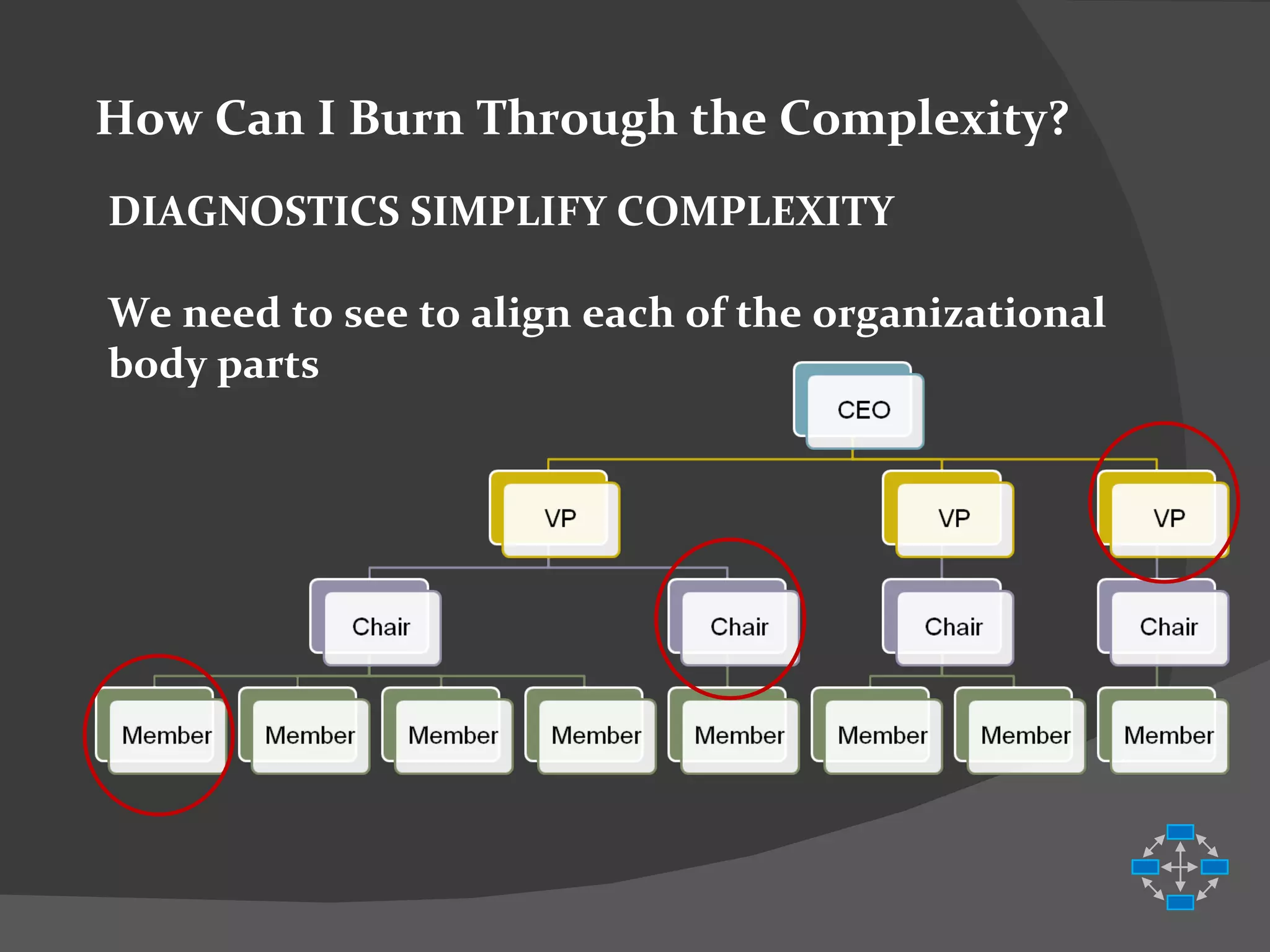 How Can I Burn Through the Complexity? DIAGNOSTICS SIMPLIFY COMPLEXITY We need to see to align each of the organizational body parts  