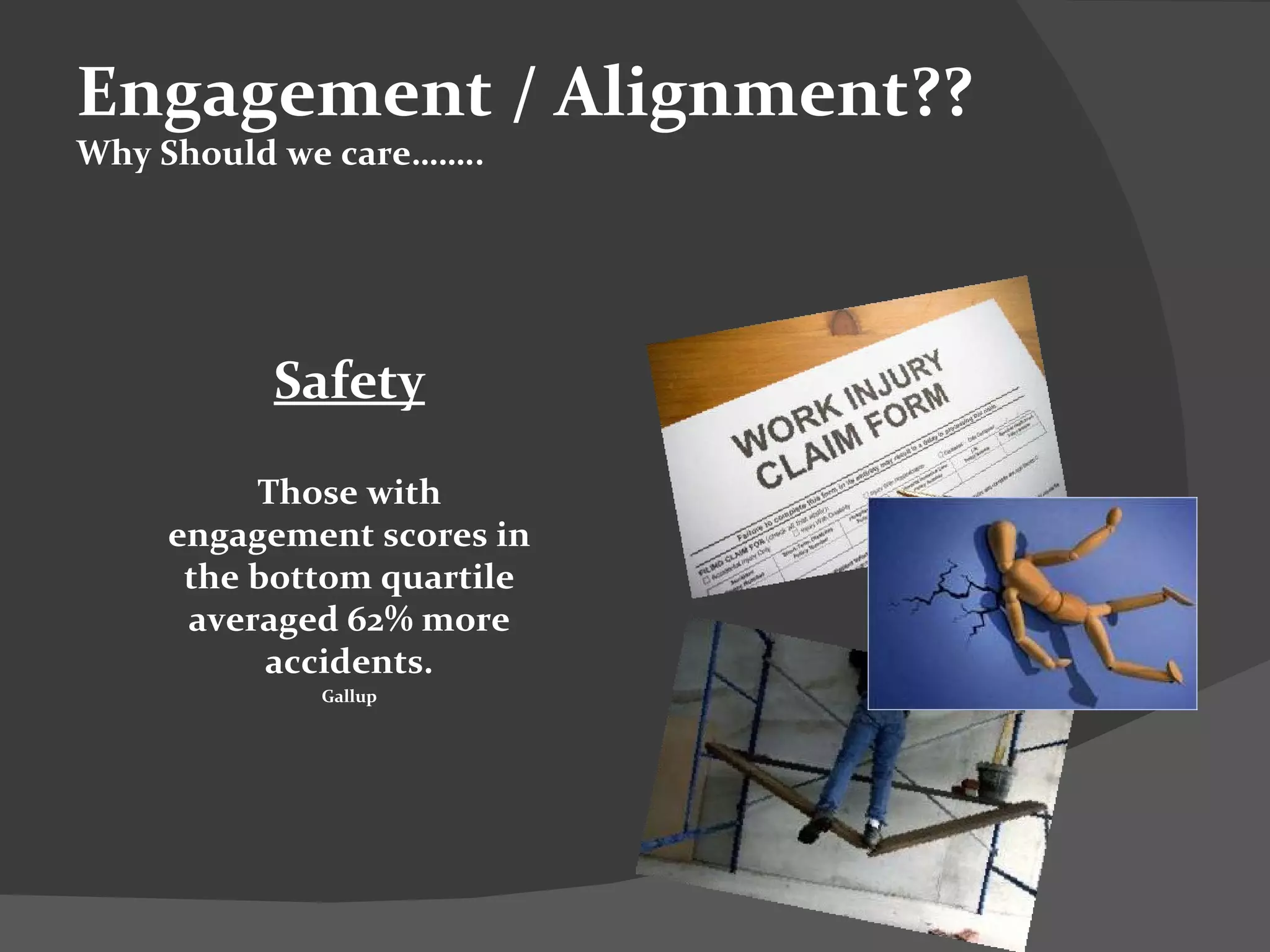 Safety Those with engagement scores in the bottom quartile averaged 62% more accidents. Gallup Engagement / Alignment?? Why Should we care…….. 