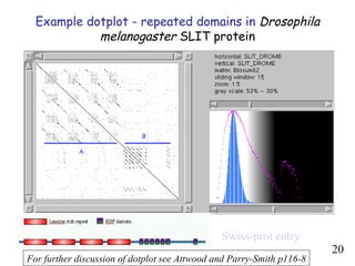 Example dotplot - repeated domains in  Drosophila melanogaster  SLIT protein Swiss-prot entry For further discussion of dotplot see Attwood and Parry-Smith p116-8 