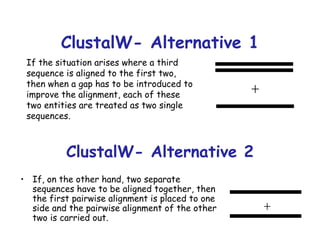 ClustalW- Alternative 1 If, on the other hand, two separate sequences have to be aligned together, then the first pairwise alignment is placed to one side and the pairwise alignment of the other two is carried out. If the situation arises where a third sequence is aligned to the first two, then when a gap has to be introduced to improve the alignment, each of these two entities are treated as two single sequences. + ClustalW- Alternative 2 + 