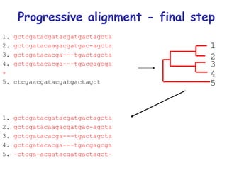 Progressive alignment - final step 1.  gctcgatacgatacgatgactagcta 2.  gctcgatacaagacgatgac-agcta 3.  gctcgatacacga---tgactagcta 4.  gctcgatacacga---tgacgagcga + 5. ctcgaacgatacgatgactagct 1.  gctcgatacgatacgatgactagcta 2.  gctcgatacaagacgatgac-agcta 3.  gctcgatacacga---tgactagcta 4.  gctcgatacacga---tgacgagcga 5.  -ctcga-acgatacgatgactagct- 1 2 3 4 5 