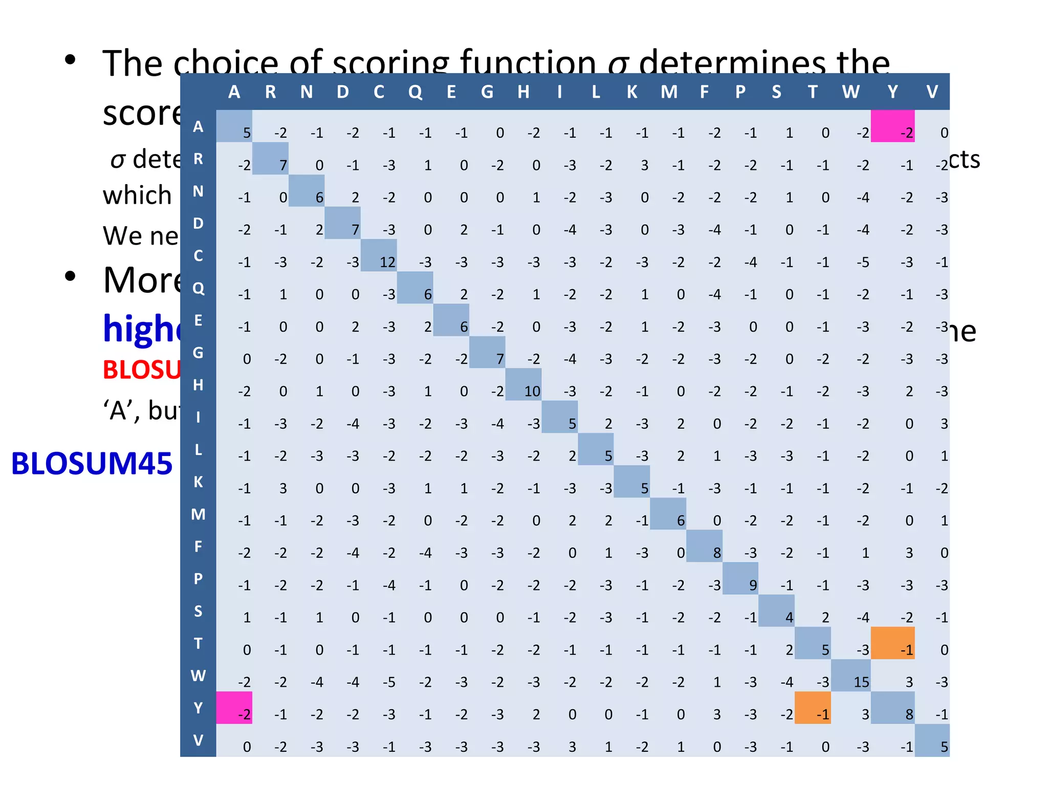 • The choice of scoring function σ determines the
             A R N D C Q E G H I L K M F P S T W Y                                                              V
    score Aof the alignment
                 5   -2   -1   -2   -1   -1   -1   0    -2   -1   -1   -1   -1   -2   -1   1      0   -2   -2       0
    σ determines the 0scores of1different0 possible 3alignments,-1so-1
           R   -2  7     -1 -3     0 -2     -3 -2       -1 -2 -2                                      -2   affects
                                                                                                           -1 -2

    which alignment is ‘best’ (highest-scoring)-3 0 -2 -2 -2 1 0
           N   -1  0   6  2 -2  0  0  0  1 -2   one                                                   -4   -2   -3
           D
    We need to-2be-1careful about which scoring function we use..-1
            C
                       2  7 -3  0  2 -1  0 -4 -3    0 -3 -4 -1   0
                                                                     .                                -4   -2   -3

                -1   -3   -2   -3   12   -3   -3   -3   -3   -3   -2   -3   -2   -2   -4   -1    -1   -5   -3   -1
  • MoreQcomplex scoring functions exist that give
                -1   1    0    0    -3   6    2    -2   1    -2   -2   1    0    -4   -1   0     -1   -2   -1   -3

    higher scores to certain matches/mismatches eg. the
         E
         G
                -1   0    0    2    -3   2    6    -2   0    -3   -2   1    -2   -3   0    0     -1   -3   -2   -3

                 0   -2   0    -1   -3   -2   -2   7    -2   -4   -3   -2   -2                   -2   -2   -3   -3
    BLOSUM45 0scoring function gives7 a -2 -4 of -2 for
             H
                    -2   0 -1 -3 -2 -2
                                             score -3 -2 -2                      -3   -2   0      -2  -2  -3 -3
                                                                                                aligning ‘Y’ &
                 -2  0   1   0 -3   1  0 -2 10 -3 -2 -1   0                      -2   -2   -1    -2   -3   2    -3
    ‘A’, but a score-3of-2 -4 -3 -2 -3 ‘Y’ -3 ‘T’ 2 -3 2
             I   -1
                         -1 for aligning -4 & 5                                  0    -2   -2    -1   -2   0        3
            L
BLOSUM45    K
                -1   -2   -3   -3   -2   -2   -2   -3   -2   2    5    -3   2    1    -3   -3    -1   -2   0        1

                -1   3    0    0    -3   1    1    -2   -1   -3   -3   5    -1   -3   -1   -1    -1   -2   -1   -2
            M   -1   -1   -2   -3   -2   0    -2   -2   0    2    2    -1   6    0    -2   -2    -1   -2   0        1
            F   -2   -2   -2   -4   -2   -4   -3   -3   -2   0    1    -3   0    8    -3   -2    -1    1   3        0
            P   -1   -2   -2   -1   -4   -1   0    -2   -2   -2   -3   -1   -2   -3   9    -1    -1   -3   -3   -3
            S    1   -1   1    0    -1   0    0    0    -1   -2   -3   -1   -2   -2   -1   4      2   -4   -2   -1
            T    0   -1   0    -1   -1   -1   -1   -2   -2   -1   -1   -1   -1   -1   -1   2      5   -3   -1       0
            W   -2   -2   -4   -4   -5   -2   -3   -2   -3   -2   -2   -2   -2   1    -3   -4    -3   15   3    -3
            Y   -2   -1   -2   -2   -3   -1   -2   -3   2    0    0    -1   0    3    -3   -2    -1    3   8    -1
            V    0   -2   -3   -3   -1   -3   -3   -3   -3   3    1    -2   1    0    -3   -1     0   -3   -1       5
 