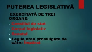 PUTEREA LEGISLATIVĂ
EXERCITATĂ DE TREI
ORGANE:
- Consiliul de stat
- Corpul legislativ
- Senatul
Legile erau promulgate de
către Împărat
 