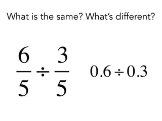 6
5
÷
3
5
What is the same? What’s different?
0.6 ÷ 0.3
 