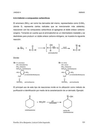 UNIDAD 4                                                                                      AMINAS


4.4.4 Adición a compuestos carbonílicos

El amoniaco (NH3), así como los derivados del mismo, representados como G-NH2,
(donde G, representa ciertos radicales que se mencionarán más adelante),
reaccionan con los compuestos carbonílicos al agregarse al doble enlace carbono-
oxígeno. Tomando en cuenta que el aminoalcohol es un intermediario inestable y se
deshidrata para producir un doble enlace carbono-nitrógeno, se muestra la siguiente
reacción:

                                                OH                                        N G
                             O
                                               R C NH G             -H2O
     G NH2 +
                         R C R´                  R´                                  R C R´
                                               aminoalcohol


Donde:

G= -H, amoniaco                                               G= -H, imina
   -OH, hidroxilamina                                            -OH, oxima
   -NH2, hidrazina                                               -NH2, hidrazona
   -NHC6H5, fenilhidrazina                                       -NHC6H5, fenilhidrazona

    HN             NO2                                            HN             NO2
               , 2,4-dinitrofenilhidrazona                                    , 2,4-dinitrofenilhidrazona
      O2N                                                           O2N

         O                                                             O

    NHCNH2 , semicarbazona                                        NHCNH2 , semicarbazida


El principal uso de este tipo de reacciones incide en la utilización como método de
purificación e identificación por medio de la caracterización de un derivado. Ejemplo:


                         O                                                   N OH

                                                   pH
                                     + NH2OH    controlado



                  ciclohexanona                                     oxima de
                                                                    ciclohexanona




Portillo Alva Benjamín, Leticia Colón Izquierdo.                                                    123
 