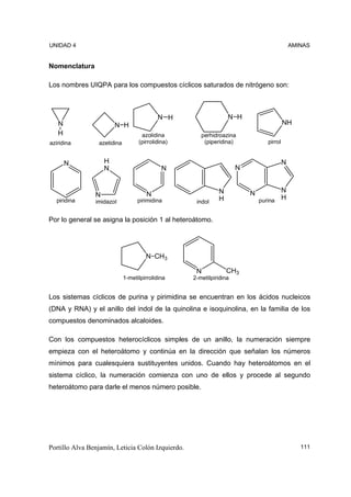UNIDAD 4                                                                                    AMINAS


Nomenclatura

Los nombres UIQPA para los compuestos cíclicos saturados de nitrógeno son:



                                           N H                   N H
   N                    N H                                                             NH
   H                                azolidina         perhidroazina
aziridina        azetidina         (pirrolidina)       (piperidina)            pirrol


       N            H                                                                   N
                    N                        N                       N


                                                             N           N          N
                N                      N
  piridina      imidazol           pirimidina       indol    H               purina H


Por lo general se asigna la posición 1 al heteroátomo.




                                      N CH3

                                                    N            CH3
                             1-metilpirrolidina    2-metilpiridina


Los sistemas cíclicos de purina y pirimidina se encuentran en los ácidos nucleicos
(DNA y RNA) y el anillo del indol de la quinolina e isoquinolina, en la familia de los
compuestos denominados alcaloides.

Con los compuestos heterocíclicos simples de un anillo, la numeración siempre
empieza con el heteroátomo y continúa en la dirección que señalan los números
mínimos para cualesquiera sustituyentes unidos. Cuando hay heteroátomos en el
sistema cíclico, la numeración comienza con uno de ellos y procede al segundo
heteroátomo para darle el menos número posible.




Portillo Alva Benjamín, Leticia Colón Izquierdo.                                               111
 