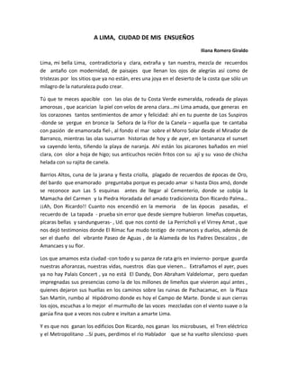 A LIMA, CIUDAD DE MIS ENSUEÑOS
                                                                        Iliana Romero Giral...