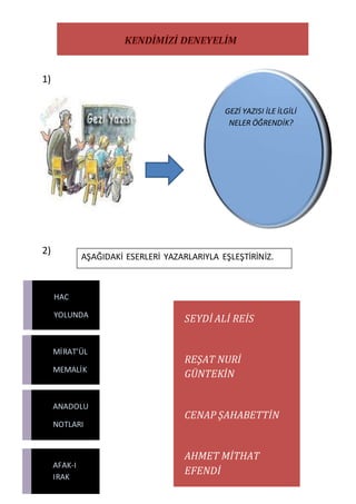 GEZİ YAZISI İLE İLGİLİ
NELER ÖĞRENDİK?
1)
2)
HAC
YOLUNDA
MİRAT’ÜL
MEMALİK
ANADOLU
NOTLARI
AFAK-I
IRAK
AŞAĞIDAKİ ESERLERİ YAZARLARIYLA EŞLEŞTİRİNİZ.
SEYDİ ALİ REİS
REŞAT NURİ
GÜNTEKİN
CENAP ŞAHABETTİN
AHMET MİTHAT
EFENDİ
 