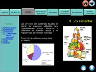 Alimentos
Chatarra
Propósito Introducción
Actividad de
consolidación
Fuentes
consultadas
Actividades de
aprendizaje
Respuestas Autoevaluación
3. Los alimentos
Los alimentos son sustancias llevadas al
interior del organismo, utilizadas para
proporcionarnos energía, formación y
reparación de nuestros tejidos y la
regulación de los procesos orgánicos
Proporción de nutrientes en una dieta
equilibrada
Contenido
1. Alimentos chatarra
2. Enfermedades
3. Los alimentos
3.1. ¿Sabes cuántas
calorías
ingerimos?
4. Carbohidratos
5. Lípidos
6. Proteínas
 