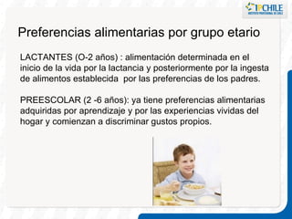 Preferencias alimentarias por grupo etario LACTANTES (O-2 años) : alimentación determinada en el inicio de la vida por la lactancia y posteriormente por la ingesta de alimentos establecida  por las preferencias de los padres.  PREESCOLAR (2 -6 años): ya tiene preferencias alimentarias adquiridas por aprendizaje y por las experiencias vividas del hogar y comienzan a discriminar gustos propios.  