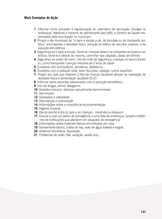 131
Mais Exemplos de Ação
1. Informar como proceder à regularização do calendário de vacinação, divulgar os
endereços, telefones e horários de atendimento das UBS, e Centros de Saúde res-
ponsáveis pela imunização no município
2. Propor o dia municipal de “ir para a escola a pé, de bicicleta ou de transporte pú-
blico” encorajando a atividade física, redução do tráfico de veículos urbanos, e da
poluição atmosférica
3. Segurança ao ir para a escola. Como as crianças devem se comportar ao esperar um
ônibus, tomá-lo e descer do mesmo, caminhar nas calçadas, faixas de trânsito
4. Segurança ao andar de carro. Uso do cinto de segurança, crianças no banco trasei-
ro, como transportar crianças menores de 2 anos de idade
5. Cuidados com bronquíticos, asmáticos, diabéticos...
6. Cuidados com a radiação solar, lazer (bicicleta, natação, outros esportes)
7. Propor aos pais que realizem o Dia da Criança Saudável através da realização de
atividade física e alimentação saudável (2+2)
8. Informar sobre assuntos relacionados com a poluição atmosférica
9. Uso de drogas, álcool, tabagismo
10. Gravidez precoce, doenças sexualmente transmissíveis
11. Verminoses
12. Sobrepeso e obesidade
13. Desnutrição e subnutrição
14. Informações sobre a importância da amamentação
15. Higiene corporal
16. Dia do lanche entre os pais e as crianças - merenda ou desjejum
17. Educar a usar um plano de emergência e uma lista de endereços, função e telefo-
nes de instituições que atendem em situações de emergência
18. Informações sobre materiais tóxicos encontrados em casa
19. Saneamento básico, coleta de lixo, rede de água tratada e esgoto
20. Violência doméstica, depressão
21. Problemas de visão, fala, audição, saúde oral...
 