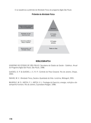 178
	 E na seqüência a pirâmide de Atividade Física do programa Agita São Paulo
Pirâmide da Atividade Física
BIBLIOGRAFIA
GOVERNO DO ESTADO DE SÃO PAULO. Secretaria de Estado da Saúde - Celafiscs. Anual
do Programa Agita São Paulo, São Paulo, 1998.
GUEDES, D. P. & GUEDES, J. E. R. P.- Controle de Peso Corporal. Rio de Janeiro, Shape,
2003.
NAHAS, M. V. Atividade Física, Saúde e Qualidade de Vida. Londrina, Midiograf, 2001.
McARDLE, W. D., KATCH, F. I., KATCH, V. L. Fisiologia do Exercício, energia, nutrição e de-
sempenho humano. Rio de Janeiro, Guanabara Koogan, 1998.
 
