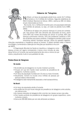 182
Números do Tabagismo
	
No Brasil, um terço da população adulta fuma, sendo 16,7 milhões
de homens e 11,2 milhões de mulheres. Segundo estatísticas do
INCA (Instituto Nacional do Câncer, 2001), estima-se 200 mil óbitos
anuais relacionados ao fumo.
	 No mundo, há 1,1 bilhão de fumantes para uma população estimada
em 6 bilhões de pessoas, ou seja, um sexto do planeta fuma (OMS,
2003).
	 A eficiência do tabaco em provocar doenças é à prova de contesta-
ção. Isso porque 30% dos cânceres são associados ao fumo, assim
como 90% das mortes decorrentes de câncer no pulmão, 85% das
doenças pulmonares crônicas, 25% dos problemas cardíacos e 25%
dos acidentes vasculares cerebrais. O tabagismo também pode causar
aneurisma arterial, trombose vascular, úlcera do aparelho digestivo,
infecções respiratórias e impotência sexual no homem. O tabaco também afeta o sistema
imunológico, aumentando a obtenção de infecções por bactérias e vírus em
até 400%.
	 A Organização Mundial da Saúde já classificou o tabagismo como
doença, já que um cigarro corresponde a menos cinco minutos de vida;
dessa forma um fumante vive aproximadamente dez anos a menos do que
viveria, prejudicando muito à sua qualidade de vida.
Pontos-Chave do Tabagismo
	 No mundo:
	
	 • As tendências de tabagismo no mundo mostram aumento.
	 • Grupos em que tem havido maior aumento da prevalência de
tabagismo: mulheres e jovens.
	 • Um terço da população mundial com 15 anos ou mais é fumante.
	 • Atualmente, morrem no mundo cinco milhões de pessoas por
doenças tabaco-relacionadas.
	 • O tabagismo está inversamente associado a nível socioeconômico.
	 No Brasil:
	
	 • Um terço da população adulta é fumante.
	 • Há evidências de que houve redução da prevalência de tabagismo entre adultos,
nos últimos anos.
	 • As maiores reduções do tabagismo têm ocorrido nas classes sociais mais altas.
	 • Tem havido aumento da prevalência de tabagismo em grupos específicos, como
mulheres e jovens.
	 • Cerca de 200.000 óbitos por ano são atribuíveis ao tabaco.
 