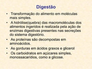 Digestão Transformação do alimento em moléculas mais simples. A hidrólise(quebra) das macromoléculas dos alimentos ingeridos é realizada pela ação de enzimas digestivas presentes nas secreções do sistema digestório.  As proteínas são decompostas em aminoácidos. As gorduras em ácidos graxos e glicerol Os carboidratos em açúcares simples, monossacarídios, como a glicose. 