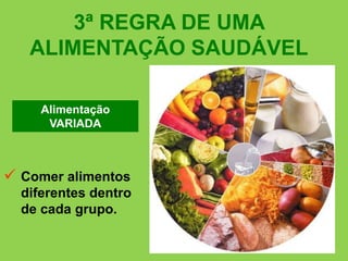 Esses dois grupos apresentam funções  semelhantes. Chamados de alimentos reguladores, eles são muito importantes pois fornecem todas as vitaminas e minerais de que precisamos. Além  disso, também são ricos em fibras. Devemos comer de 3 a 5 porções de vegetais e de 2 a 4 porções de frutas todos os dias.Grupo das HORTÍCULASGrupo da FRUTA
