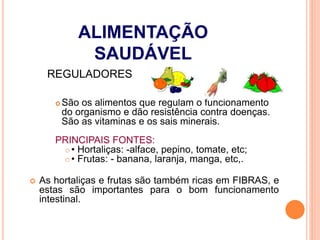 REGULADORES
 São os alimentos que regulam o funcionamento
do organismo e dão resistência contra doenças.
São as vitaminas e os sais minerais.
PRINCIPAIS FONTES:
 • Hortaliças: -alface, pepino, tomate, etc;
 • Frutas: - banana, laranja, manga, etc,.
 As hortaliças e frutas são também ricas em FIBRAS, e
estas são importantes para o bom funcionamento
intestinal.
ALIMENTAÇÃO
SAUDÁVEL
 