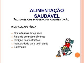 FACTORES QUE INFLUENCIAM A ALIMENTAÇÃO
INCAPACIDADE FÍSICA
 Dor, náuseas, boca seca
 Falta de dentição suficiente
 Posição desconfortável
 Incapacidade para pedir ajuda
 Estomatite
ALIMENTAÇÃO
SAUDÁVEL
 