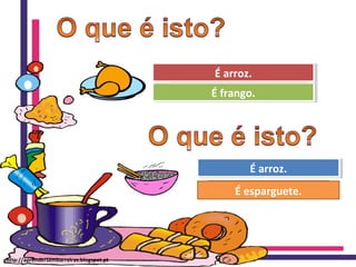 Ohhhhh! Tenta outra vez!
Muito bem!É frango.É frango.
É arroz.É arroz.
Ohhhhh! Tenta outra vez!
Muito bem!
É esparguete.
É arroz.É arroz.
http://aprendersembarreiras.blogspot.pt
 