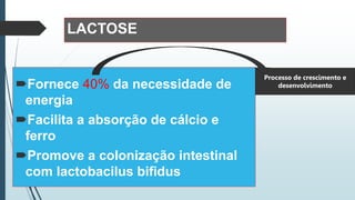 LACTOSE
Fornece 40% da necessidade de
energia
Facilita a absorção de cálcio e
ferro
Promove a colonização intestinal
com lactobacilus bifidus
Processo de crescimento e
desenvolvimento
 