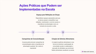 Ações Práticas que Podem ser
Implementadas na Escola
1
Campanhas de Conscientização
A escola pode promover campanhas de
conscientização sobre a importância da
alimentação saudável. Ser criativo é
importante!
2
Espaço para Refeições em Grupo
Disponibilizar espaços apropriados para que
os alunos possam compartilhar suas
refeições, incentivando o convívio social e a
importância da alimentação como um
momento de encontro e união.
3
Criação de Grêmios Alimentares
A criação de grêmios alimentares é uma
forma de incentivar a participação da
comunidade escolar na elaboração e
execução de atividades que promovam
hábitos alimentares saudáveis na escola.
 