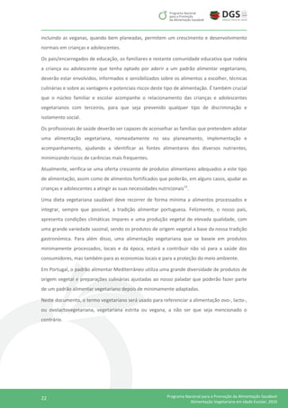 22 Programa Nacional para a Promoção da Alimentação Saudável
Alimentação Vegetariana em Idade Escolar, 2016
incluindo as veganas, quando bem planeadas, permitem um crescimento e desenvolvimento
normais em crianças e adolescentes.
Os pais/encarregados de educação, os familiares e restante comunidade educativa que rodeia
a criança ou adolescente que tenha optado por aderir a um padrão alimentar vegetariano,
deverão estar envolvidos, informados e sensibilizados sobre os alimentos a escolher, técnicas
culinárias e sobre as vantagens e potenciais riscos deste tipo de alimentação. É também crucial
que o núcleo familiar e escolar acompanhe o relacionamento das crianças e adolescentes
vegetarianos com terceiros, para que seja prevenido qualquer tipo de discriminação e
isolamento social.
Os profissionais de saúde deverão ser capazes de aconselhar as famílias que pretendem adotar
uma alimentação vegetariana, nomeadamente no seu planeamento, implementação e
acompanhamento, ajudando a identificar as fontes alimentares dos diversos nutrientes,
minimizando riscos de carências mais frequentes.
Atualmente, verifica-se uma oferta crescente de produtos alimentares adequados a este tipo
de alimentação, assim como de alimentos fortificados que poderão, em alguns casos, ajudar as
crianças e adolescentes a atingir as suas necessidades nutricionais13
.
Uma dieta vegetariana saudável deve recorrer de forma mínima a alimentos processados e
integrar, sempre que possível, a tradição alimentar portuguesa. Felizmente, o nosso país,
apresenta condições climáticas ímpares e uma produção vegetal de elevada qualidade, com
uma grande variedade sazonal, sendo os produtos de origem vegetal a base da nossa tradição
gastronómica. Para além disso, uma alimentação vegetariana que se baseie em produtos
minimamente processados, locais e da época, estará a contribuir não só para a saúde dos
consumidores, mas também para as economias locais e para a proteção do meio ambiente.
Em Portugal, o padrão alimentar Mediterrâneo utiliza uma grande diversidade de produtos de
origem vegetal e preparações culinárias ajustadas ao nosso paladar que poderão fazer parte
de um padrão alimentar vegetariano depois de minimamente adaptadas.
Neste documento, o termo vegetariano será usado para referenciar a alimentação ovo-, lacto-,
ou ovolactovegetariana, vegetariana estrita ou vegana, a não ser que seja mencionado o
contrário.
 