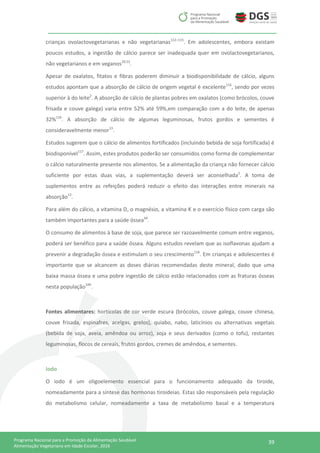 39Programa Nacional para a Promoção da Alimentação Saudável
Alimentação Vegetariana em Idade Escolar, 2016
crianças ovolactovegetarianas e não vegetarianas112–115
. Em adolescentes, embora existam
poucos estudos, a ingestão de cálcio parece ser inadequada quer em ovolactovegetarianos,
não vegetarianos e em veganos29,52
.
Apesar de oxalatos, fitatos e fibras poderem diminuir a biodisponibilidade de cálcio, alguns
estudos apontam que a absorção de cálcio de origem vegetal é excelente116
, sendo por vezes
superior à do leite2
. A absorção de cálcio de plantas pobres em oxalatos (como brócolos, couve
frisada e couve galega) varia entre 52% até 59%,em comparação com a do leite, de apenas
32%116
. A absorção de cálcio de algumas leguminosas, frutos gordos e sementes é
consideravelmente menor13
.
Estudos sugerem que o cálcio de alimentos fortificados (incluindo bebida de soja fortificada) é
biodisponível117
. Assim, estes produtos poderão ser consumidos como forma de complementar
o cálcio naturalmente presente nos alimentos. Se a alimentação da criança não fornecer cálcio
suficiente por estas duas vias, a suplementação deverá ser aconselhada2
. A toma de
suplementos entre as refeições poderá reduzir o efeito das interações entre minerais na
absorção13
.
Para além do cálcio, a vitamina D, o magnésio, a vitamina K e o exercício físico com carga são
também importantes para a saúde óssea44
.
O consumo de alimentos à base de soja, que parece ser razoavelmente comum entre veganos,
poderá ser benéfico para a saúde óssea. Alguns estudos revelam que as isoflavonas ajudam a
prevenir a degradação óssea e estimulam o seu crescimento118
. Em crianças e adolescentes é
importante que se alcancem as doses diárias recomendadas deste mineral, dado que uma
baixa massa óssea e uma pobre ingestão de cálcio estão relacionados com as fraturas ósseas
nesta população109
.
Fontes alimentares: hortícolas de cor verde escura (brócolos, couve galega, couve chinesa,
couve frisada, espinafres, acelgas, grelos), quiabo, nabo, laticínios ou alternativas vegetais
(bebida de soja, aveia, amêndoa ou arroz), soja e seus derivados (como o tofu), restantes
leguminosas, flocos de cereais, frutos gordos, cremes de amêndoa, e sementes.
Iodo
O iodo é um oligoelemento essencial para o funcionamento adequado da tiroide,
nomeadamente para a síntese das hormonas tiroideias. Estas são responsáveis pela regulação
do metabolismo celular, nomeadamente a taxa de metabolismo basal e a temperatura
 