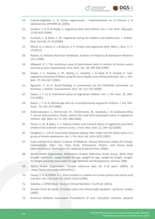 54 Programa Nacional para a Promoção da Alimentação Saudável
Alimentação Vegetariana em Idade Escolar, 2016
54. Cañedo-argüelles, C. A. Dietas vegetarianas - Implementación en la infancia y la
adolescencia. OFFARM 24, (2005).
55. Sanders, T. A. B. & Reddy, S. Vegetarian diets and children. Am. J. Clin. Nutr. 59(suppl),
1176S–81S (1994).
56. Dunham, L. & Kollar, L. M. Vegetarian eating for children and adolescents. J. Pediatr.
Heal. Care 20, 27–34 (2006).
57. Marsh, K. a, Munn, E. a & Baines, S. K. Protein and vegetarian diets. Med. J. Aust. 1, 7–
10 (2012).
58. Koback, G. Pediatric Nutrition Handbook. Archives of Pediatrics & Adolescent Medicine
153, (1999).
59. Millward, D. J. The nutritional value of plant-based diets in relation to human amino
acid and protein requirements. Proc. Nutr. Soc. 58, 249–260 (1999).
60. Dwyer, J. T., Andrew, E. M., Berkey, C., Valadian, I. & Reed, R. B. Growth in ‘new’
vegetarian preschool children using the Jenss-Bayley curve fitting technique. Am. J. Clin.
Nutr. 37, 815–827 (1983).
61. Agostoni, C. et al. Breast-feeding: A commentary by the ESPGHAN Committee on
Nutrition. J. Pediatr. Gastroenterol. Nutr. 49, 112–125 (2009).
62. Dwyer, J. T. et al. Nutritional status of vegetarian children. Am. J. Clin. Nutr. 35, 204–
216 (1982).
63. Dwyer, J. T. et al. Mental age and I.Q. of predominantly vegetarian children. J. Am. Diet.
Assoc. 76, 142–147 (1980).
64. Ambroszkiewicz, J., Klemarczyk, W., Chełchowska, M., Gajewska, J. & Laskowska-Klita,
T. Serum homocysteine, folate, vitamin B12 and total antioxidant status in vegetarian
children. Adv. Med. Sci. 51, 265–268 (2006).
65. Thane, C. W. & Bates, C. J. Dietary intakes and nutrient status of vegetarian preschool
children from a British national survey. J. Hum. Nutr. Diet. 13, 149–162 (2000).
66. Houghton, L. a et al. Association between dietary fiber intake and the folate status of a
group of female adolescents. Am. J. Clin. Nutr. 66, 1414–1421 (1997).
67. Food and Nutrition Board. Institute of Medicine. Dietary Reference Intakes for Energy,
Carbohydrate, Fiber, Fat, Fatty Acids, Cholesterol, Protein, and Amino Acids
(Macronutrients). Washington DC, National Academy Press. (2002).
68. World Health Organization Multicentre Growth Reference Study Group. WHO Child
Growth Standards: Length/height-for-age, weight-for-age, weight-for-length, weight-
for-height and body mass index-for-age: Methods and development. Geneva, 2006.
69. World Health Organization. Growth reference data for 5-19 years. (2007). at
<http://www.who.int/growthref/en/.>
70. Young, V. R. & Pellett, P. L. Plant proteins in relation to human protein and amino acid
nutrition. Am J Clin Nutr 59, 1203S–1212S (1994).
71. Sobotka, L. ESPEN Book - Basics in Clinical Nutrition. Fourth ed. (2011).
72. Direção Geral da Saúde. Princípios para uma alimentação saudável - gorduras. Lisboa.
(2005).
73. American Diabetes Association. Foundations of care: education, nutrition, physical
 
