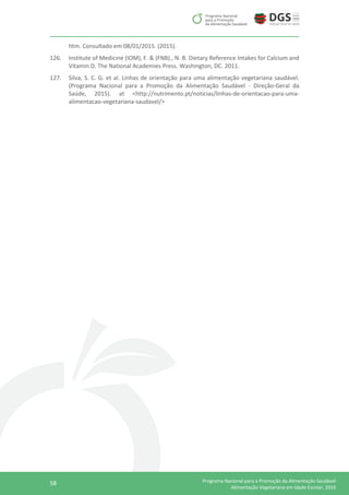58 Programa Nacional para a Promoção da Alimentação Saudável
Alimentação Vegetariana em Idade Escolar, 2016
htm. Consultado em 08/01/2015. (2015).
126. Institute of Medicine (IOM), F. & (FNB)., N. B. Dietary Reference Intakes for Calcium and
Vitamin D. The National Academies Press. Washington, DC. 2011.
127. Silva, S. C. G. et al. Linhas de orientação para uma alimentação vegetariana saudável.
(Programa Nacional para a Promoção da Alimentação Saudável - Direção-Geral da
Saúde, 2015). at <http://nutrimento.pt/noticias/linhas-de-orientacao-para-uma-
alimentacao-vegetariana-saudavel/>
 