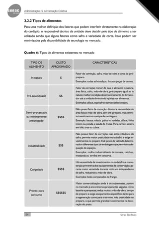 54 Senac São Paulo
Administração na Alimentação Coletiva
3.2.2 Tipos de alimentos
Para uma melhor definição dos fatores que podem interferir diretamente na elaboração
do cardápio, o responsável técnico da unidade deve decidir pelo tipo de alimento a ser
utilizado sendo que alguns fatores como safra e variedade de corte, hoje podem ser
minimizados pela disponibilidade de tecnologia no mercado.
Quadro 6: Tipos de alimentos existentes no mercado
CARACTERÍSTICAS
Fator de correção, safra, mão-de-obra e área de pré-
preparo.
Exemplos: todas as hortaliças, frutas e peças de carnes.
Fator de correção menor do que o alimento in natura,
área física, safra, mão-de-obra, pré-preparo igual ao in
natura; melhor condição de armazenamento do fornece-
dor até a unidade diminuindo injúrias nos alimentos.
Exemplos: alface, espinafre e tomate selecionados.
Não possui fator de correção, diminui a necessidade de
área física e mão-de-obra, sem pré-preparo, mas permi-
te investimentos na etapa de montagem.
Exemplo: batata: ralada, palito ou rodelas, alface; folha
inteira ou picada e salada de frutas. Para carnes: alcatra
em bife, tiras ou cubos.
Não possui fator de correção, não sofre influência da
safra; permite maior praticidade no trabalho e exige in-
vestimentos no preparo final; prazo de validade determi-
nadoediferentestiposdeembalagemquepermitemade-
quação de espaços.
Exemplos: molho industrializado de tomate, catchup,
mostarda ou ervilha em conserva.
Há necessidade de investimentos na cadeia fria e manu-
tenção preventiva dos equipamentos de conservação; ga-
rante maior variedade durante todo ano independente
de safra, reduzindo a mão-de-obra.
Exemplos: bolo e empanados de frango.
Maior comercialização ainda é de sobremesas, porém
no mercado já encontramos preparações salgadas como
lasanha e panquecas; reduz muito a mão-de-obra, tempo
de preparo e exige equipamentos específicos tanto para
a regeneração como para o término. Alta praticidade no
preparo, o que permite grandes investimentos na deco-
ração do prato.
CUSTO
APROXIMADO
$
$$
$$$$
$$$
$$$$
$$$$$$
TIPO DE
ALIMENTO
In natura
Pré-selecionado
Semi-processado
ou minimamente
processado
Industrializado
Congelado
Pronto para
consumo
 