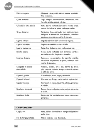 64 Senac São Paulo
Administração na Alimentação Coletiva
Kafta no espeto Massa de carne moída, cebola, salsa e pimentão,
frita no espeto.
Quibe ao forno Trigo integral, patinho moído, temperado com
hortelã, salsinha, cebola e limão.
Charuto de folha de uva Folha de uva recheada com carne moída, arroz,
cebola, hortelã e se quiser molho vermelho.
Crepe de carne Panquecas finas, recheadas com patinho moído
refogado e temperado com salsinha, cebola e
azeitona. Acompanha molho de tomate.
Lagarto à Piquê Lagarto recheado com toucinho e lingüiça.
Lagarto à trianon Lagarto recheado com ovo cozido.
Lagarto à vinagrete Fatias finas de lagarto com molho vinagrete.
Rolinho picante Coxão duro recheado com pimentão verde e
vermelho, molho de pimenta e ervilha.
Surpresa de carne Pequenos rocamboles de patinho moído,
recheados de presunto e queijo, cobertos com
molho de tomates.
Ensopado de alcatra Alcatra, cebola, alho, sal, banha ou óleo,
com cebola páprica doce, pimenta, vinagre, massa de tomate
e caldo de carne.
Espeto à gaúcha Carne bovina, suína, lingüiça e salsicha.
Espeto à oriental Carne de boi, frango, cação, cebola e pimentão.
Espeto vienense Carne de boi, frango, toucinho, salsicha, pimentão
e cebola.
Brochetes à oriental Espeto de carne bovina, suína, cebola, pimentão
e bacon.
Brochetes de filé Espeto de filé enrolado com bacon, cenoura e
pimentão.
CARNE DE AVES
Coq au Vin Peito, coxa e sobrecoxa de frango ensopado no
vinho tinto.
Filé de frango grelhado Filé de peito ou coxa desossada.
 