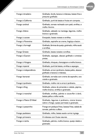 67Senac São Paulo
Administração na Alimentação Coletiva
Frango à brasileira Grelhado, farofa, banana à milanesa, batata frita e
presunto grelhado.
Frango à California Grelhado, purê de batata e frutas em compota.
Frango cardinal Grelhado, tomate recheado com patê, ervilhas, e
molho Aurora.
Frango chileno Grelhado, salteado na manteiga, legumes, molho
branco e gratinado.
Frango à cocote Ensopado, batata noisete e ervilhas.
Frango à Florentina Grelhado, espinafre ao creme, lingüiça e bacon.
Frango à formagê Grelhado, lâminas de queijo, gratinado, milho sauté
e ervilhas.
Frango Grisete Grelhado, batata noisete e ervilhas.
Frango à Guarani Grelhado, aspargos, abacaxi grelhado e ameixas
pretas.
Frango à Húngara Grelhado, nhoques, champignon e molho branco.
Frango imperial Grelhado, purê de batata, ervilhas e aspargos.
Frango à independência Grelhado, arroz à jardineira, batata palito, abacaxi
grelhado e banana à milanesa.
Frango Itamarati Grelhado, torradas com creme de espinafre, ovo
cozido e gratinado.
Frango à jardineira Grelhado, molho roti e arroz à jardineira.
Frango à King Grelhado, juliana de pimentão e cebola, páprica,
molho branco, ervilhas e gratinado.
Frango à marechal Grelhado, ervilhas, palmito e couve-flor à doré,
batata palha e milho verde.
Frango à Maitre D’Hôtel Grelhado, legumes à jardineira, creme branco
sobre o frango, queijo parmesão e gratinado.
Frango à passarinho Frango em pedaços fritos, batatas fritas, salada de
tomate, palmito e alface.
Frango paulistano Grelhado, milho, batata sauté e arroz à grega.
Frango primavera À milanesa com frutas naturais.
Frango à rainha Grelhado, palmito, molho branco, queijo ralado e
gratinado.
 