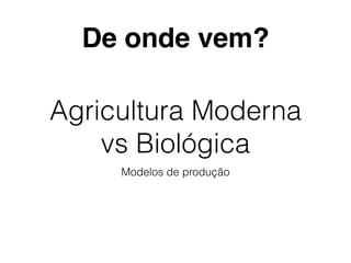 Agricultura Moderna
vs Biológica
Modelos de produção
De onde vem?
 