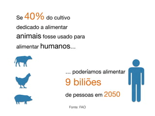 Se 40% do cultivo
dedicado a alimentar
animais fosse usado para
alimentar humanos…
… poderíamos alimentar 

9 biliões 

de pessoas em 2050

Fonte: FAO
 