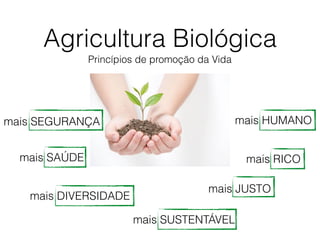 Agricultura Biológica
Princípios de promoção da Vida
mais SAÚDE
mais SEGURANÇA
mais DIVERSIDADE
mais SUSTENTÁVEL
mais JUSTO
mais RICO
mais HUMANO
 