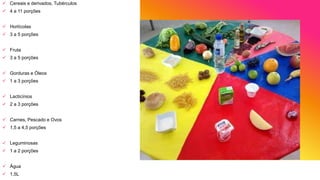  Cereais e derivados, Tubérculos
 4 a 11 porções
 Hortícolas
 3 a 5 porções
 Fruta
 3 a 5 porções
 Gorduras e Óleos
 1 a 3 porções
 Lacticínios
 2 a 3 porções
 Carnes, Pescado e Ovos
 1,5 a 4,5 porções
 Leguminosas
 1 a 2 porções
 Água
 1,5L
 