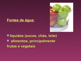 Fontes de água:



 líquidos (sucos, chás, leite)
  alimentos, principalmente
frutas e vegetais
 
